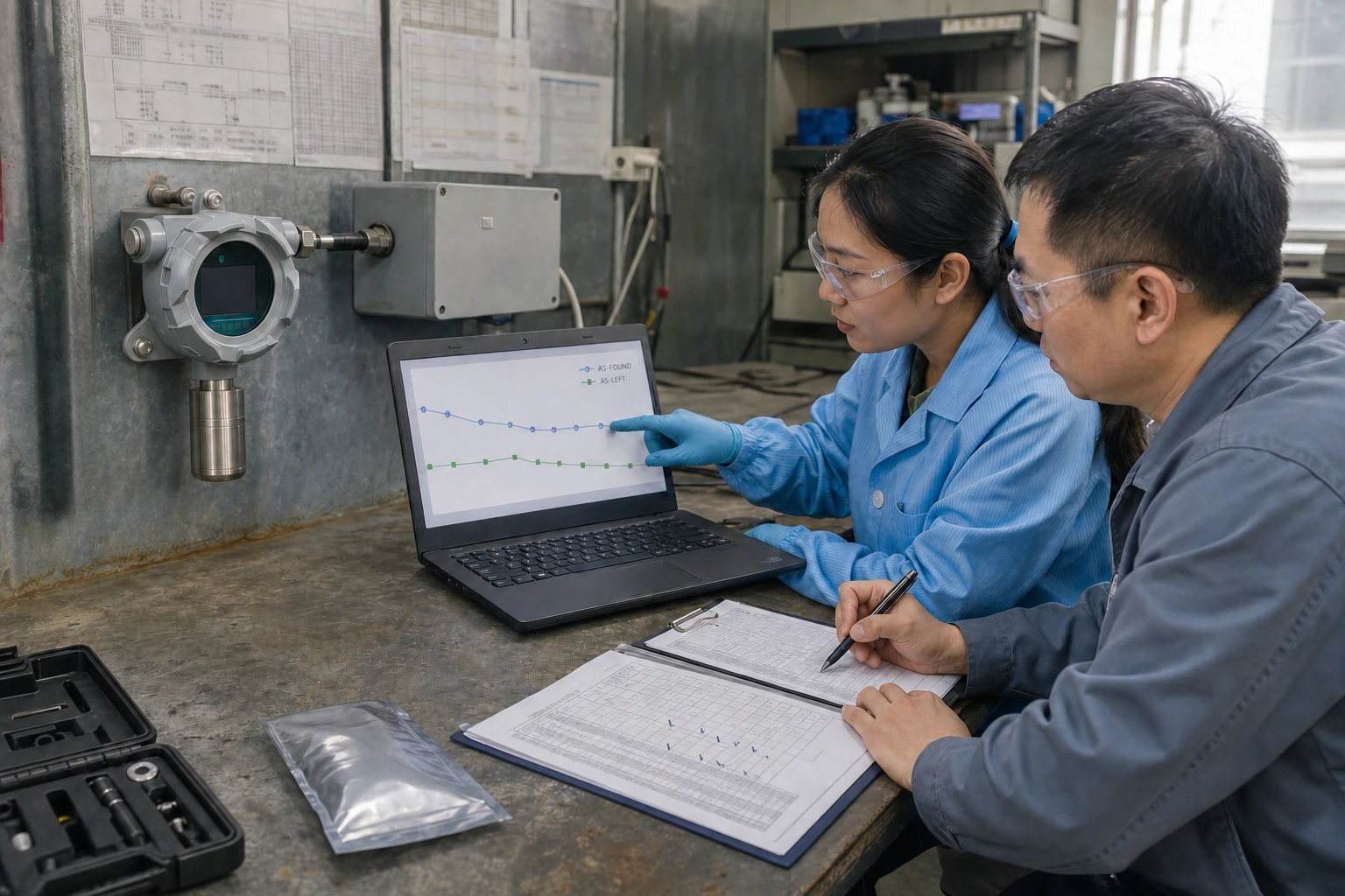 Two Chinese maintenance engineers compare AS-FOUND and AS-LEFT trends beside a closed, properly mounted fixed gas detector and historical service records.