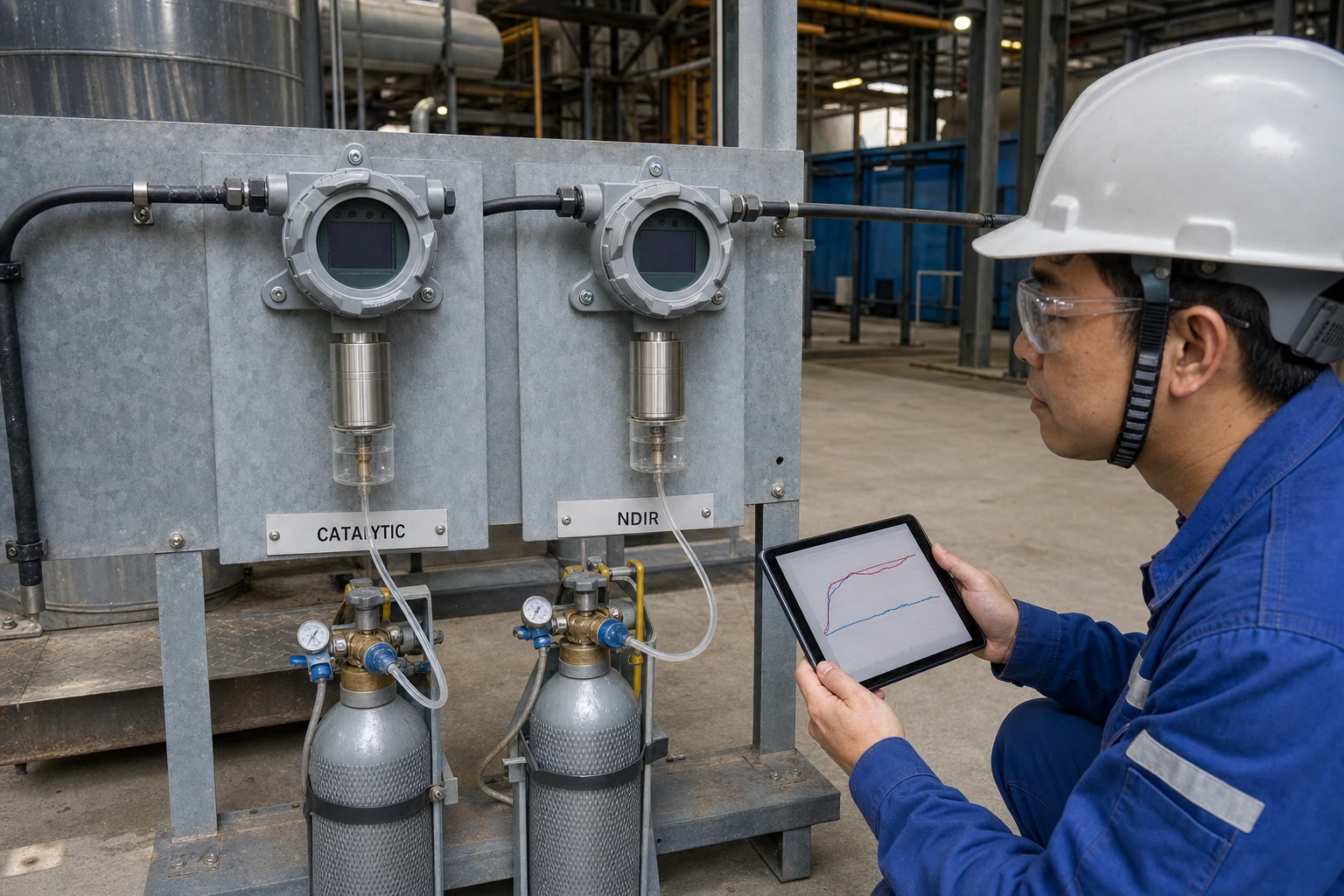 A Chinese instrumentation engineer compares two identically housed fixed gas detectors during separate catalytic and NDIR response tests with secured reference-gas cylinders.