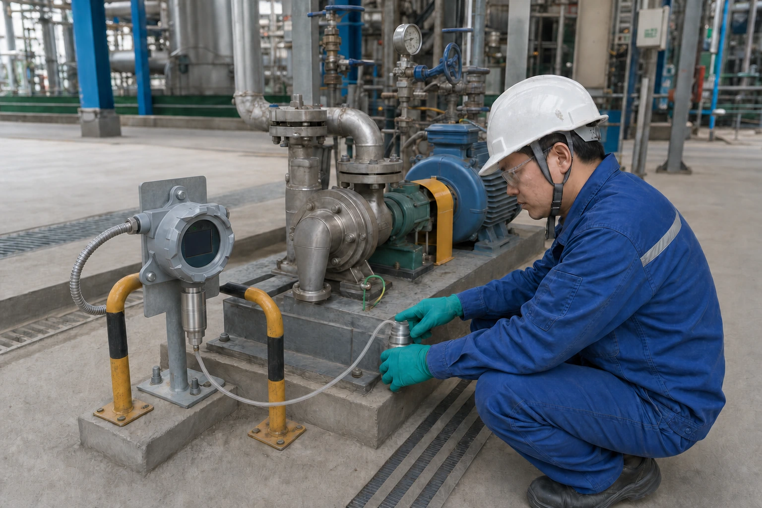 A Chinese instrument technician calibrates a low-mounted fixed gas detector beside a guarded solvent-transfer pump and covered trench drain in a chemical process unit.
