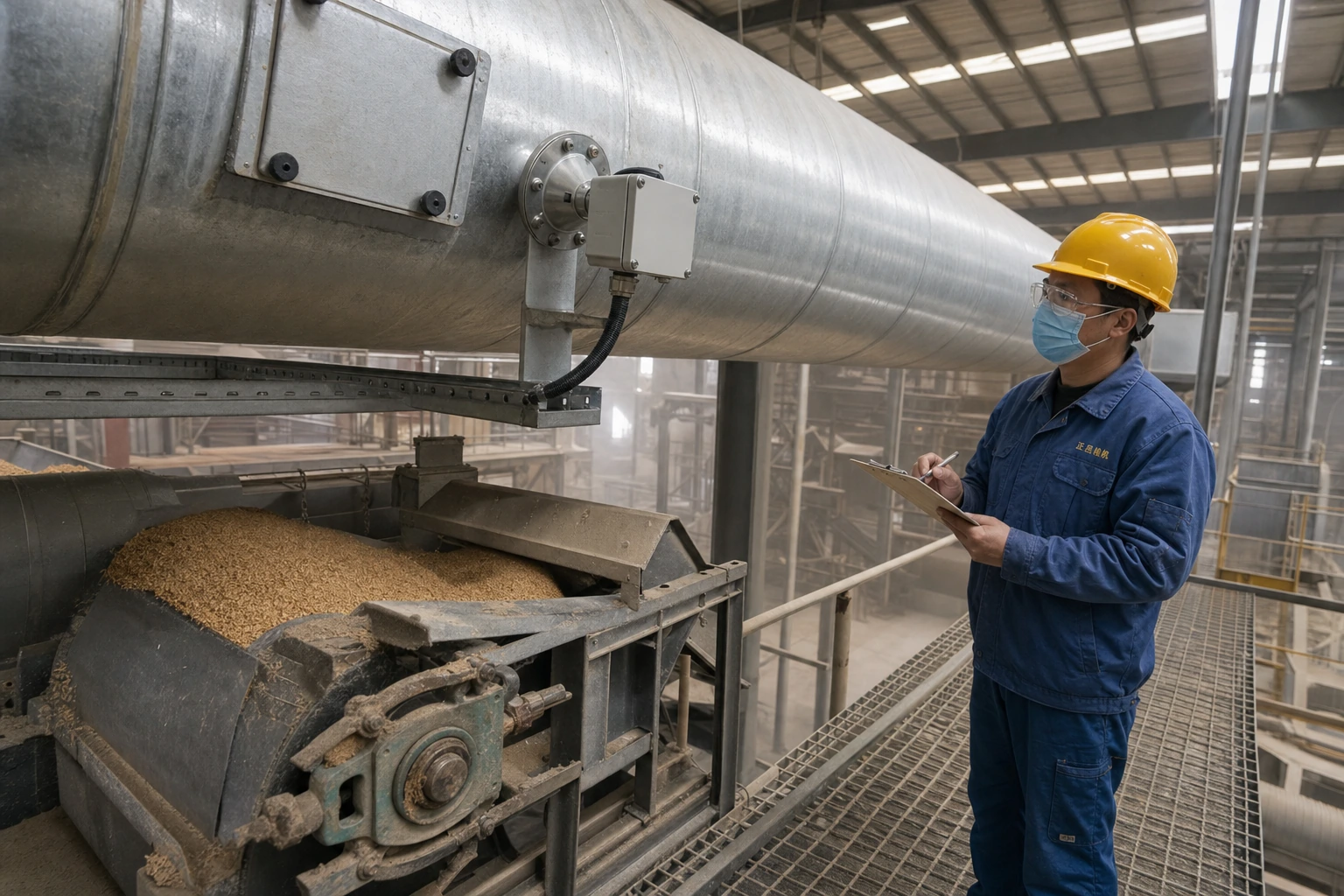 A Chinese technician inspects a flanged dust-monitor transmitter on a straight extraction duct above a dusty grain conveyor transfer point.