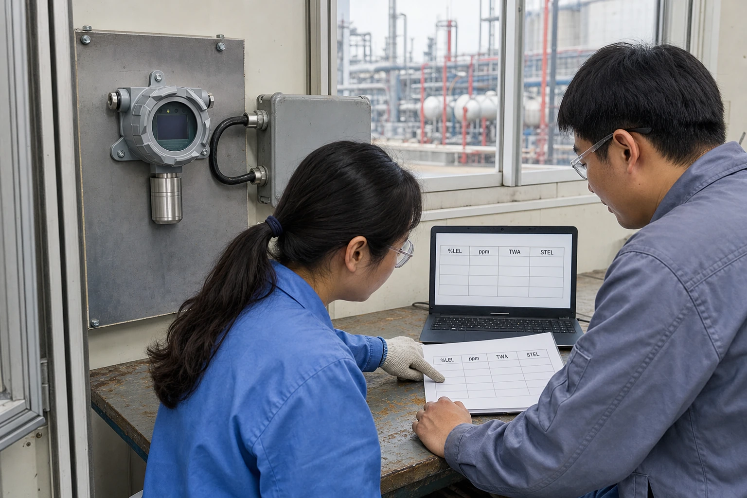 Two Chinese instrumentation engineers compare %LEL, ppm, TWA, and STEL headings on a project schedule and laptop beside a properly mounted fixed gas detector.