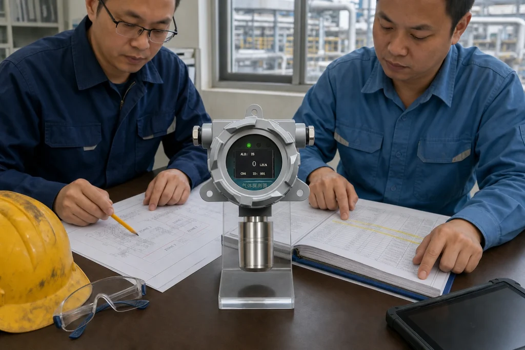 Two engineers review area drawings and specification documents beside the company's gas detector in a plant engineering office.