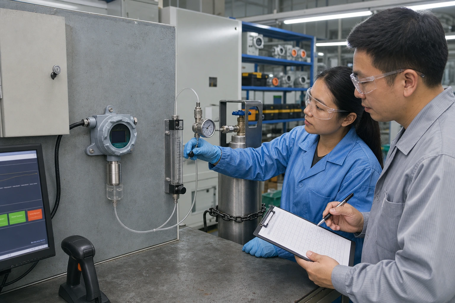 Two Chinese quality engineers review a mounted gas detector while a secured reference-gas cylinder, regulator, flowmeter, calibration cup, monitor, and batch checklist form a visible test chain.