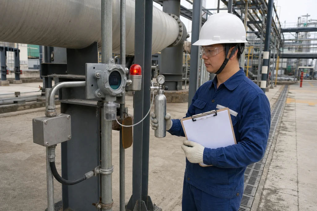 A Chinese maintenance technician applies test gas from a compact cylinder to a fixed detector while calmly observing an illuminated local beacon and recording the functional check.
