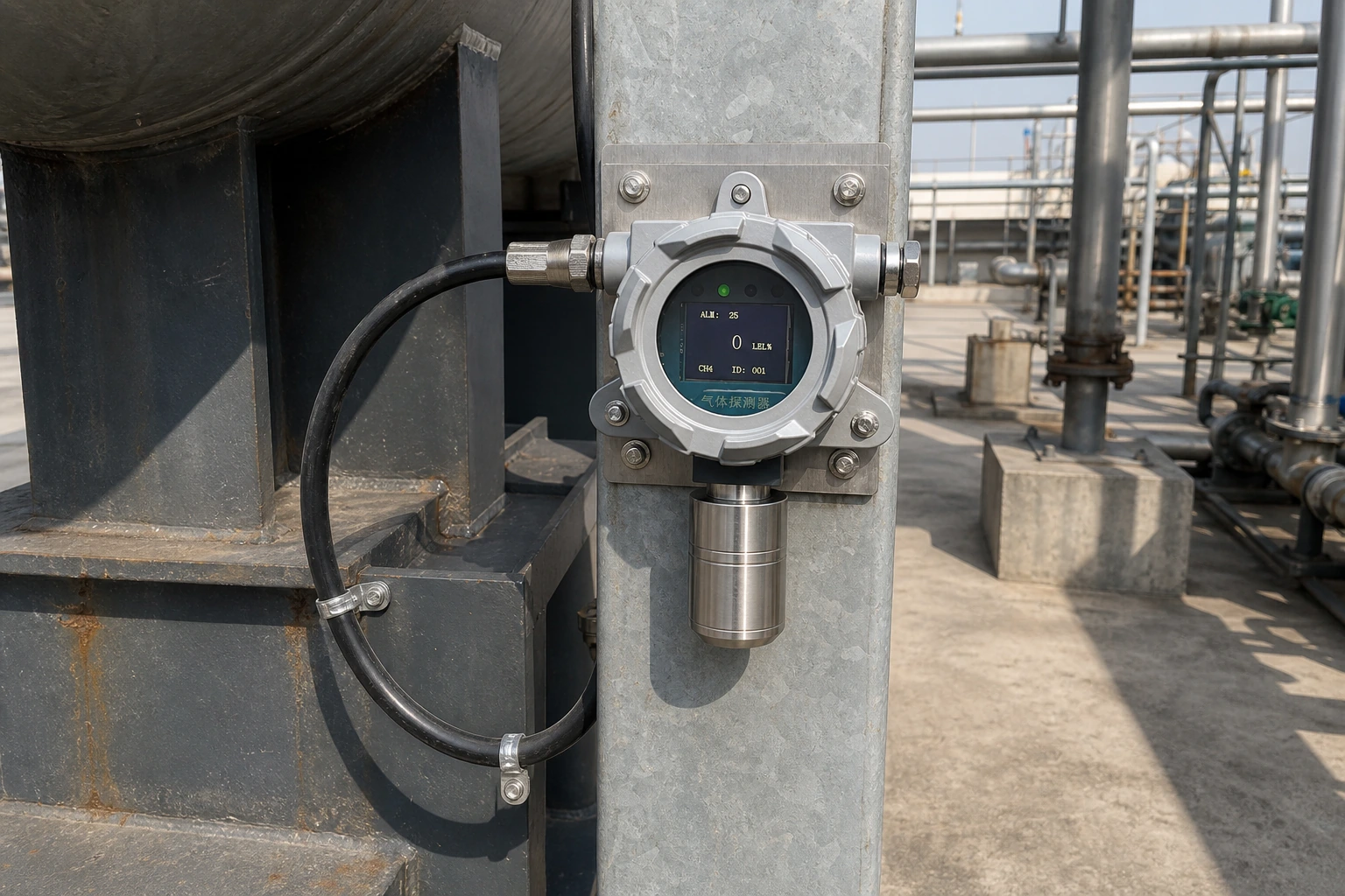 The company's fixed gas detector is bolted to a stainless backplate with a supported black cable loop on an outdoor process plant structure.