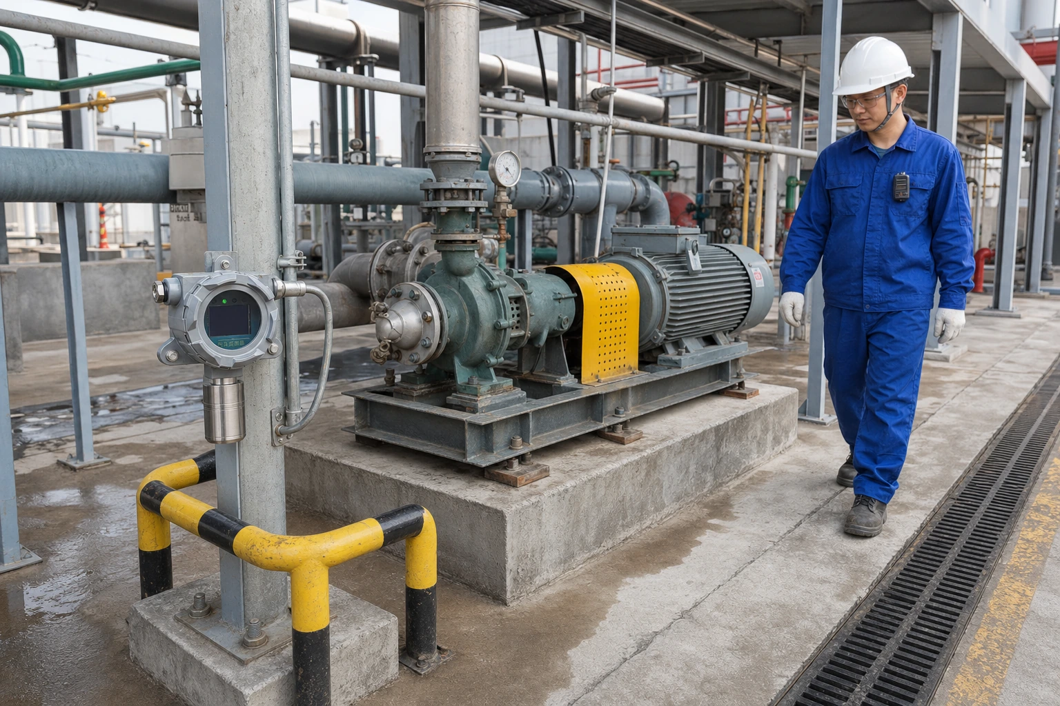 A fixed grey gas detector monitors a guarded pump area while a Chinese maintenance technician walks nearby with a small portable gas monitor clipped in the upper-chest breathing zone.