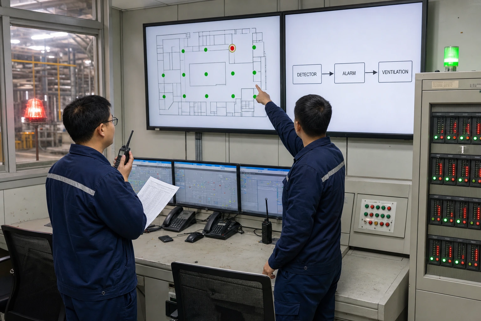 Two Chinese commissioning engineers verify a detector-to-alarm-to-ventilation logic chain from a plant control room during a scheduled loop test.
