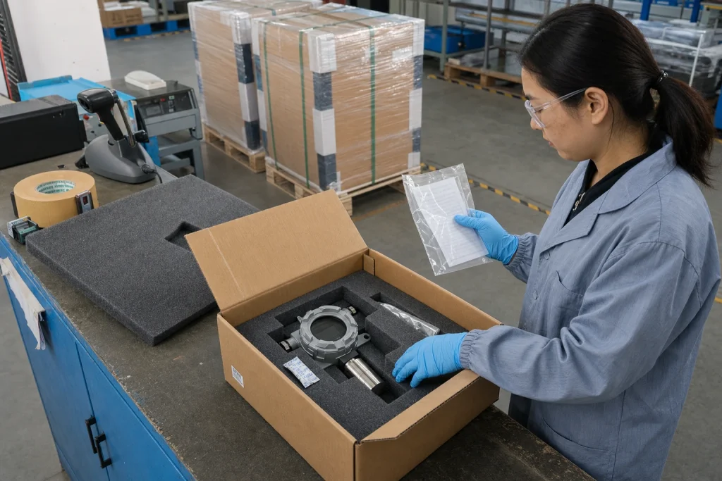 A Chinese outgoing-quality technician checks an unreadable document pouch beside a fixed gas detector seated in custom protective foam inside an open shipping carton.
