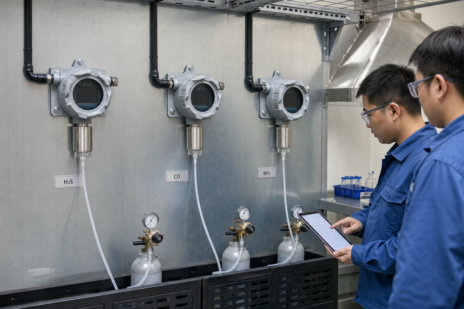 Two Chinese engineers review three independently tubed H2S, CO and NH3 detector channels under local extraction with secured reference-gas cylinders.
