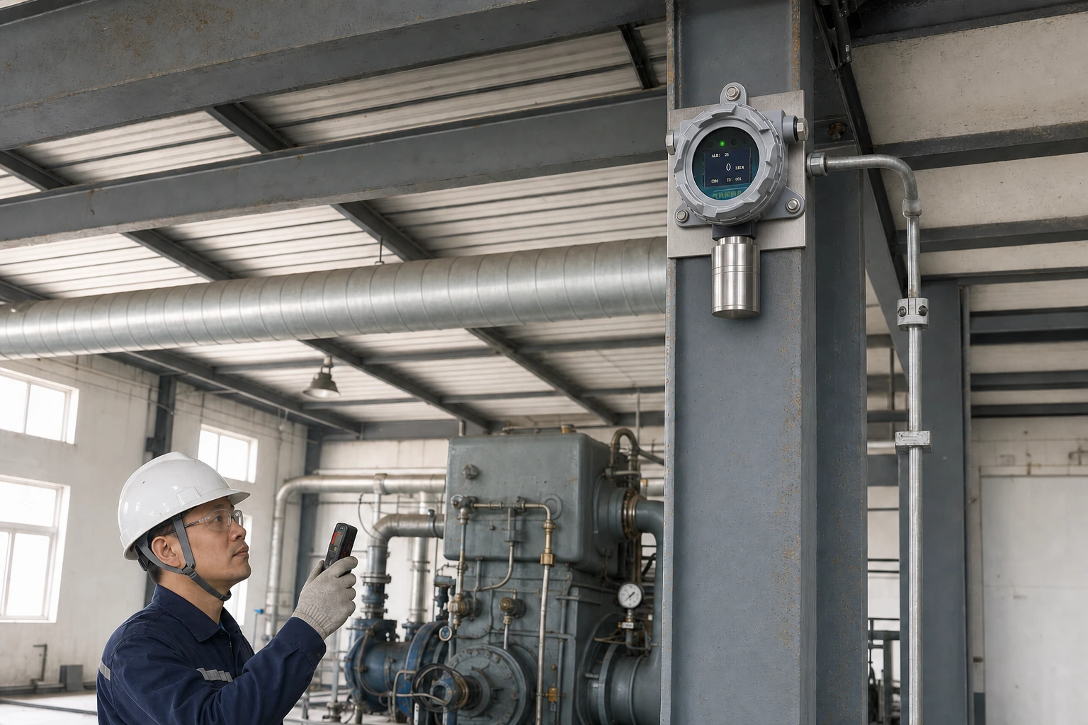 A Chinese technician checks the company's fixed gas detector mounted high on a steel column below the roof and above compressor equipment.
