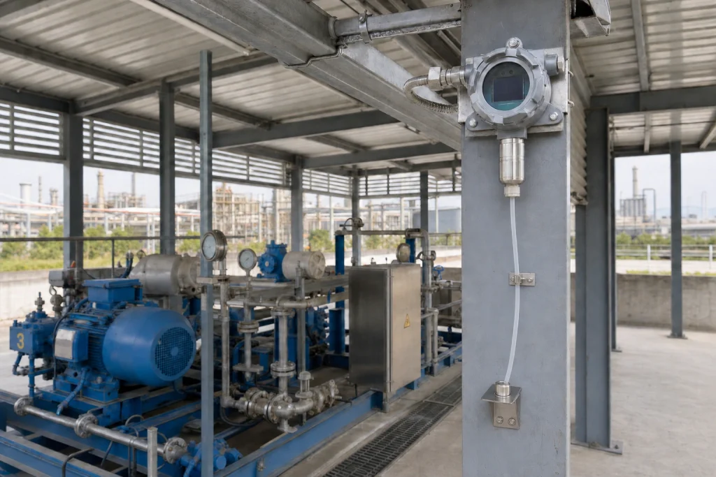 A fixed gas detector is bolted high on a ventilated utility-shelter column above a compressor skid, with clipped tubing leading to an accessible remote calibration port.
