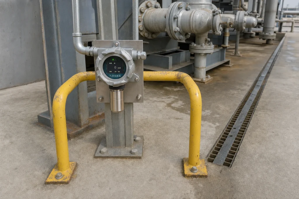 The company's fixed gas detector is mounted above the floor behind a yellow protective guard beside closed process valves and a grated drain.