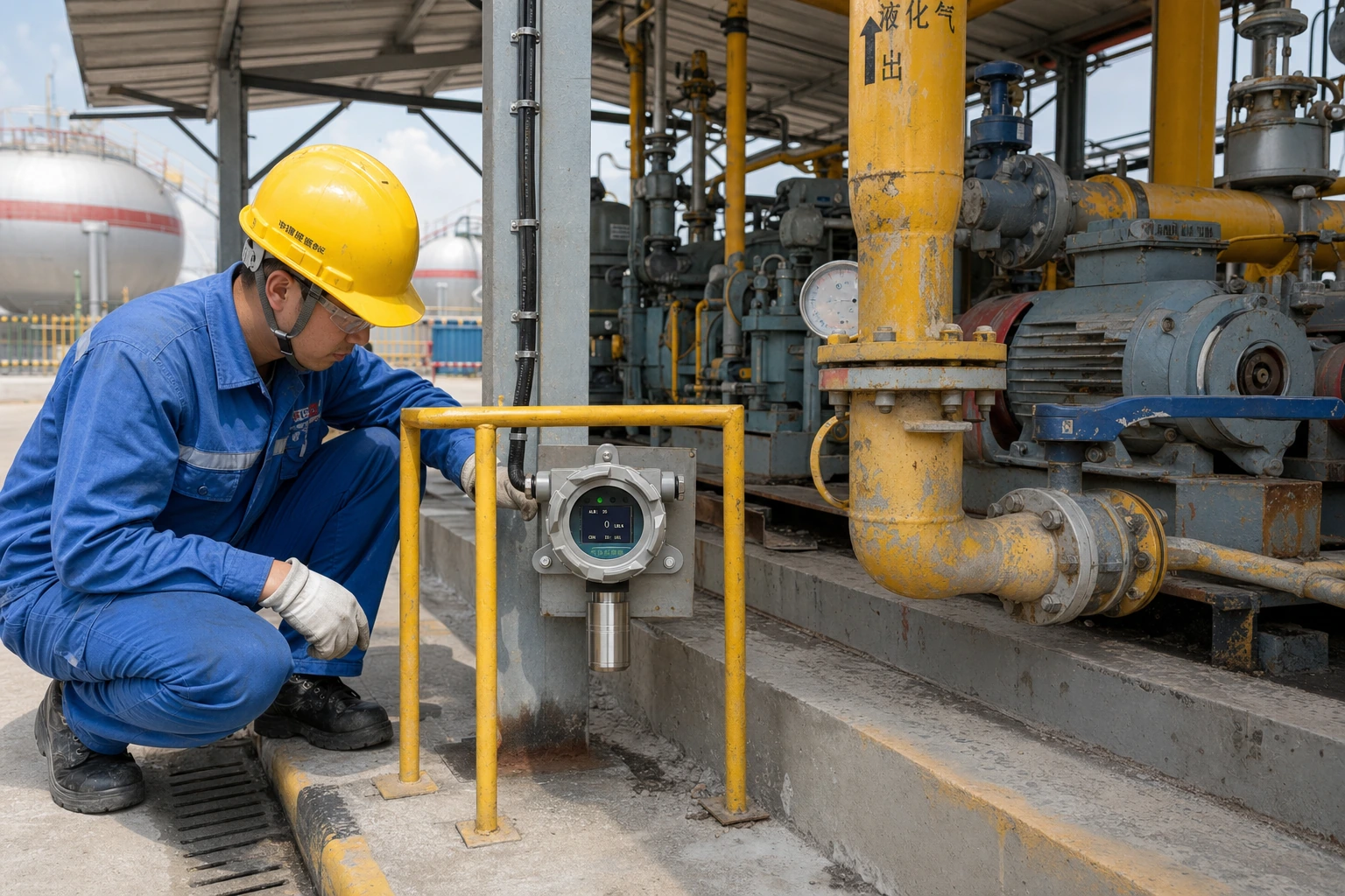 A Chinese technician inspects a low-mounted fixed LEL detector behind an impact guard beside an LPG transfer pump and likely seal leak point.