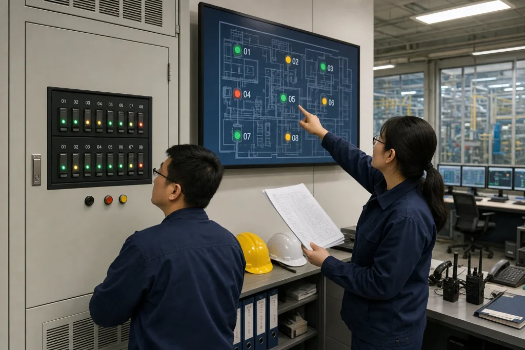 Two Chinese control engineers review eight gas-detection points on a plant plan beside a generic multi-channel alarm panel integrated into a control cabinet.