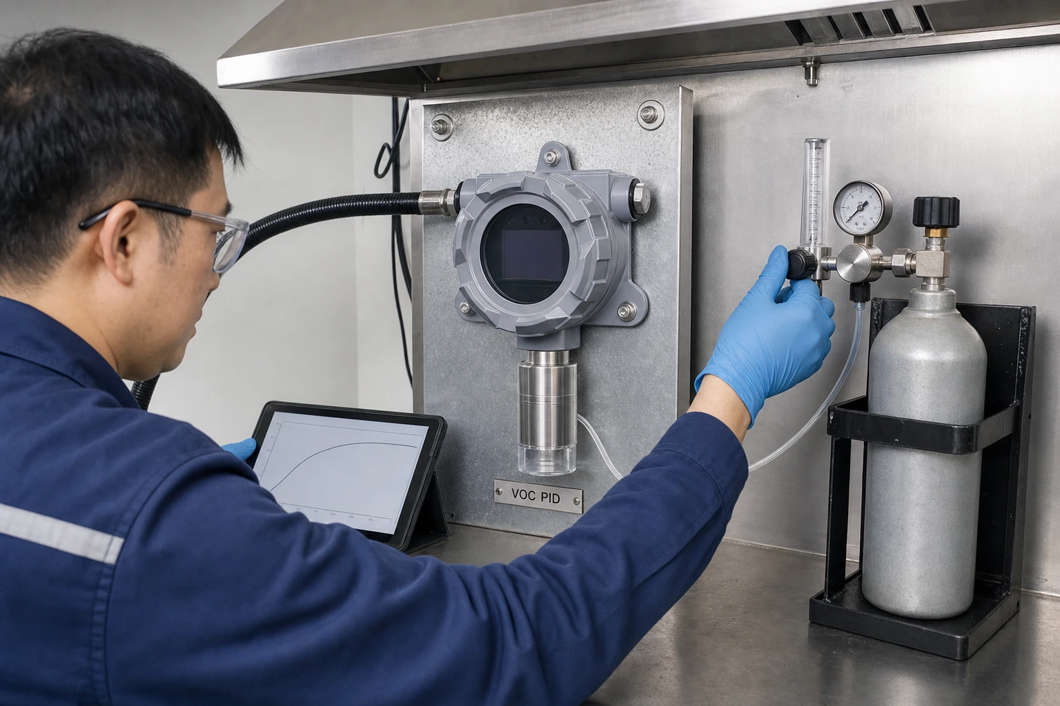 A Chinese instrumentation technician adjusts a secured reference-gas flow while a calibration cup feeds the downward sensor of a three-point-mounted VOC PID detector.