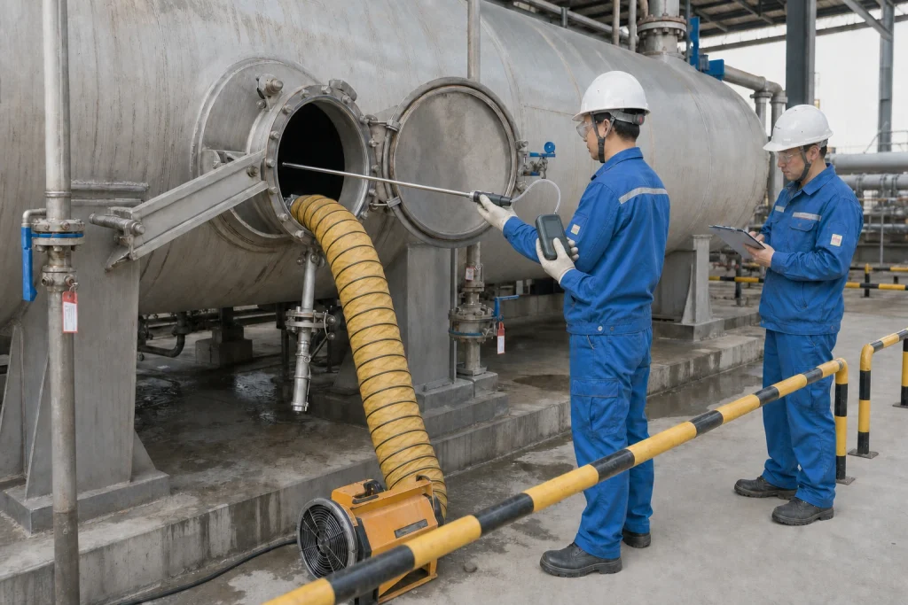 Two Chinese technicians remain outside an open process vessel while one uses a portable gas monitor, sampling hose, and rigid probe beside a separate ventilation duct.
