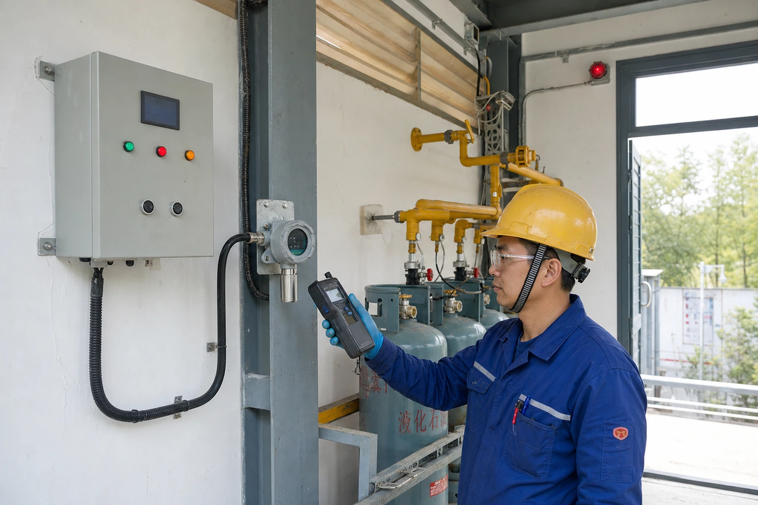 A Chinese technician checks one low-mounted fixed propane detector linked to a small local alarm panel and doorway beacon in an LPG manifold room.