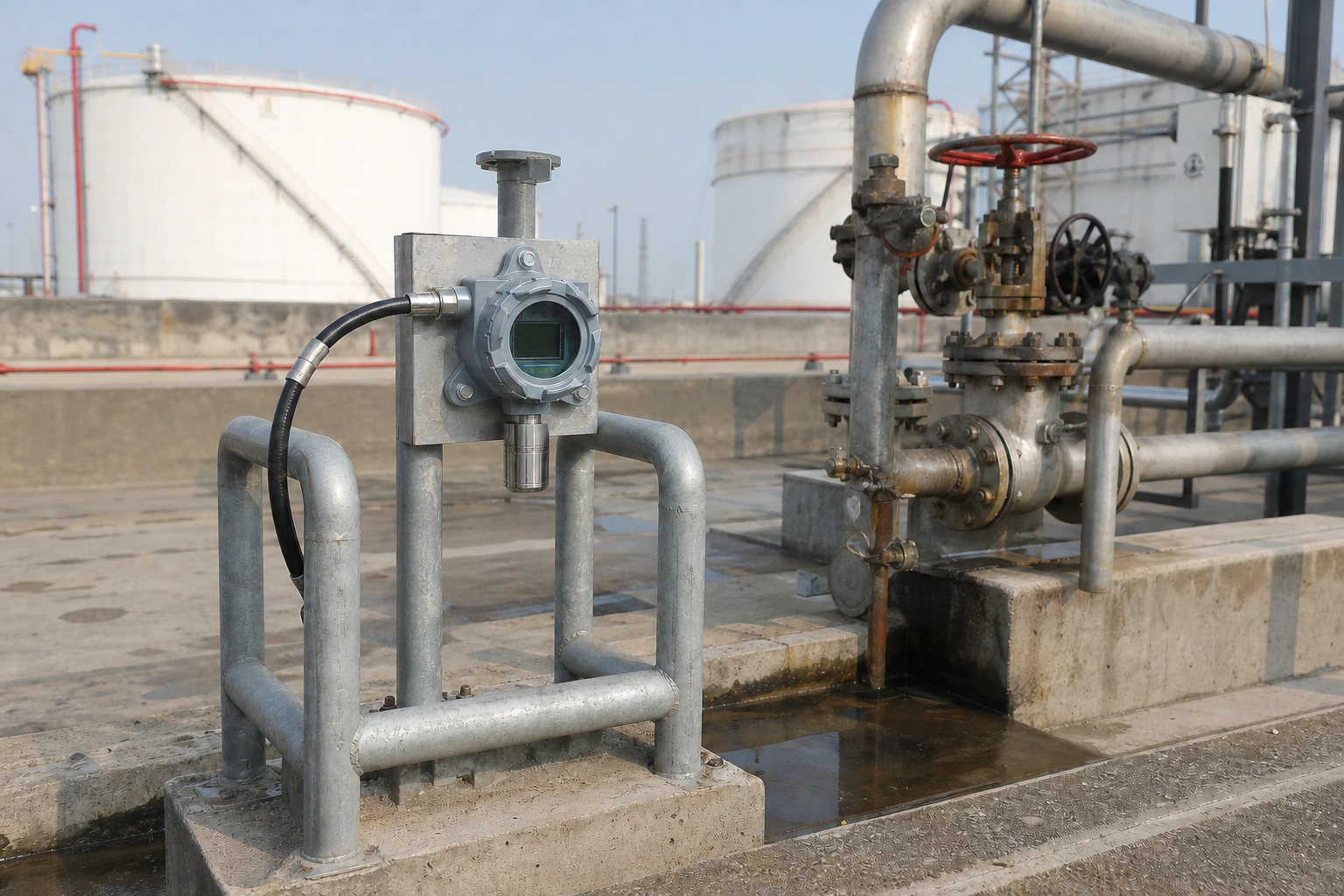 A fixed grey gas detector is bolted to a guarded post near a refinery tank-farm valve manifold, drainage channel, and storage tanks.
