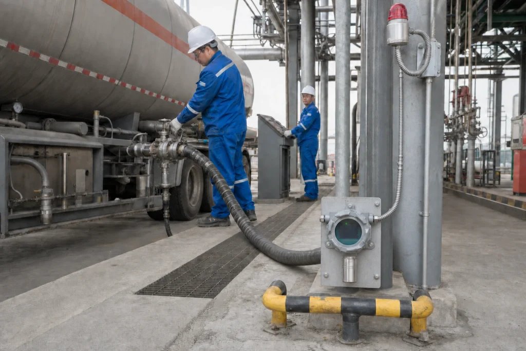 Two Chinese refinery workers operate a road-tanker loading connection beside a low-mounted gas detector, drainage grate, protective barrier, and local beacon.