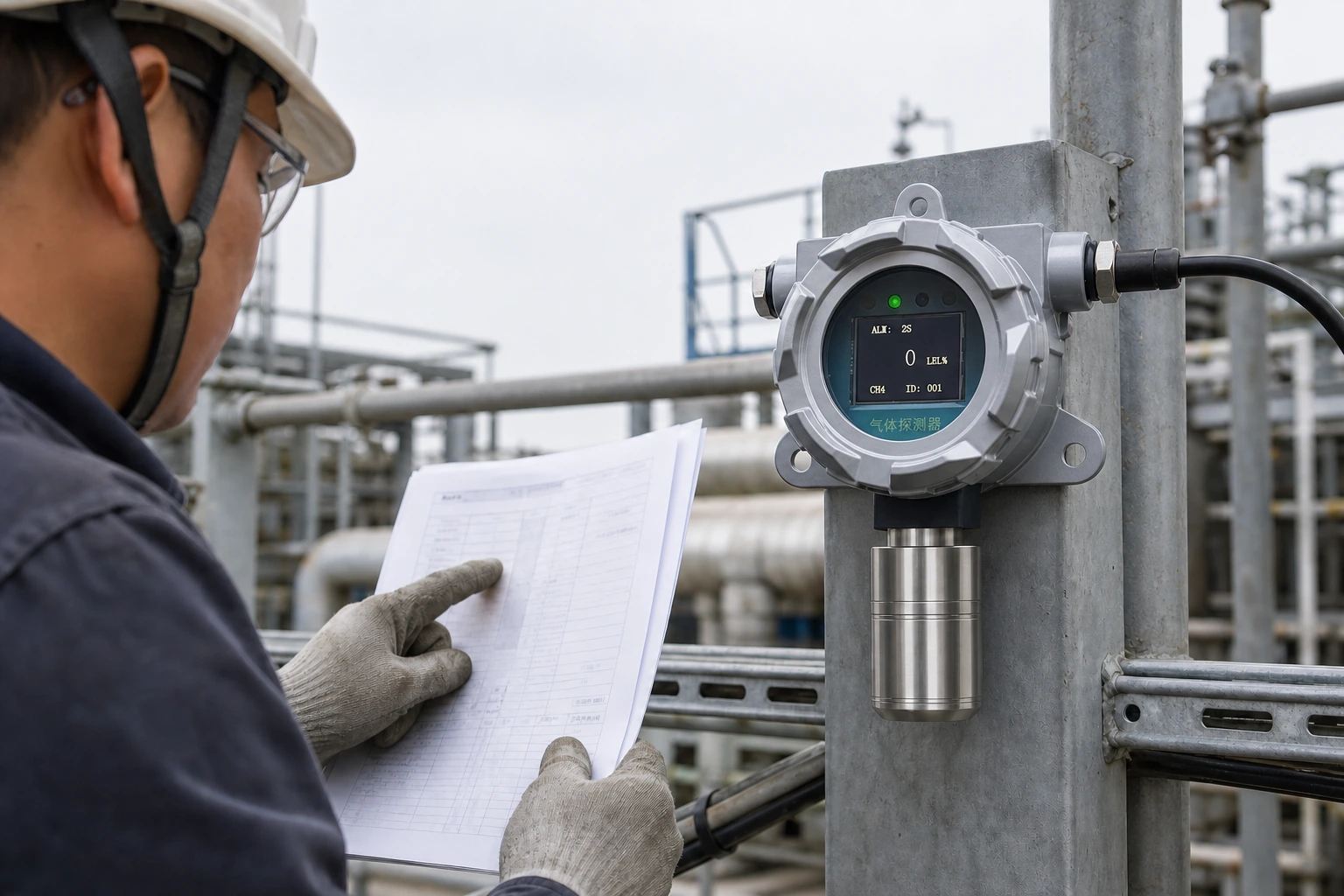 A technician compares equipment documents with the company's fixed gas detector installed on an outdoor process plant structure.