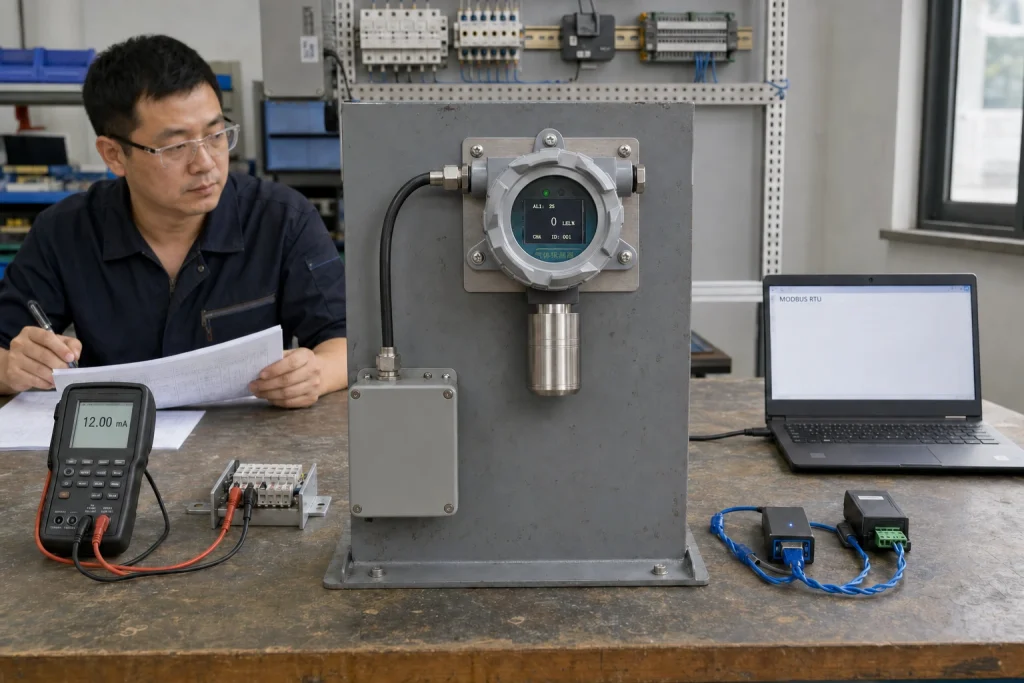 A Chinese instrument engineer reviews wiring beside the company's gas detector mounted on a steel training panel, with analog loop and RS-485 Modbus test equipment.