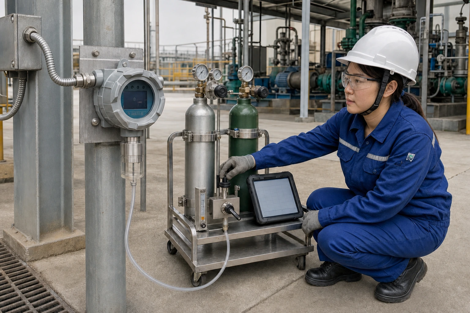 A Chinese instrument technician operates a secured two-cylinder calibration cart connected through a selector valve, flowmeter, and calibration cup to an installed fixed gas detector.