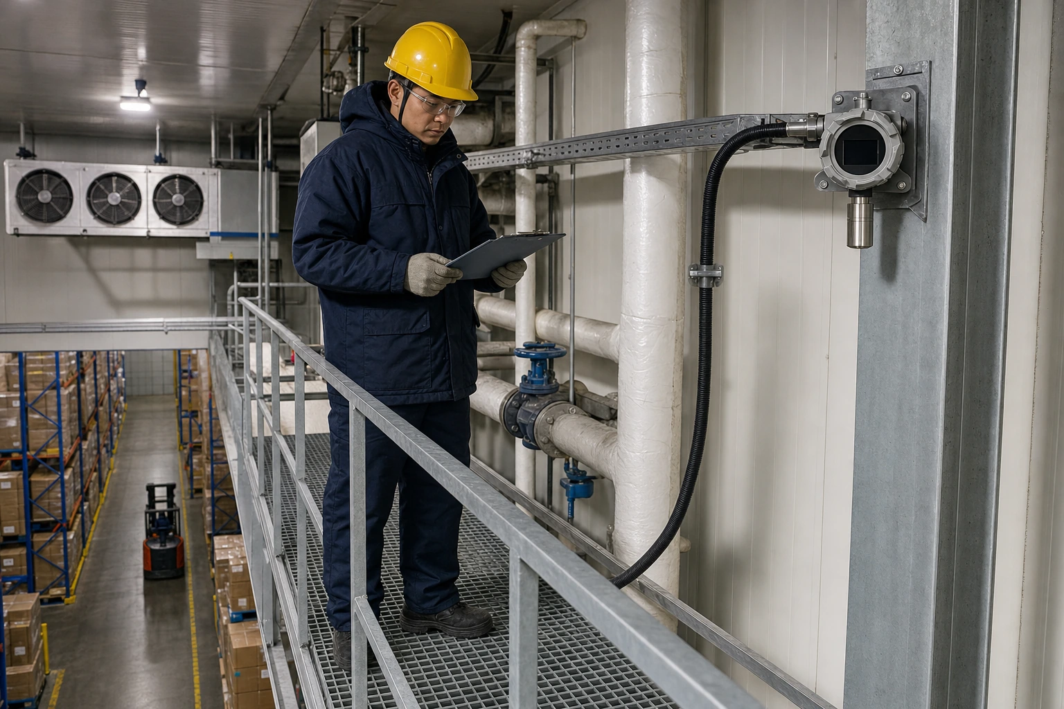 A Chinese refrigeration technician inspects a high-mounted fixed ammonia detector beside insulated piping and an evaporator valve station from a permanent cold-store catwalk.
