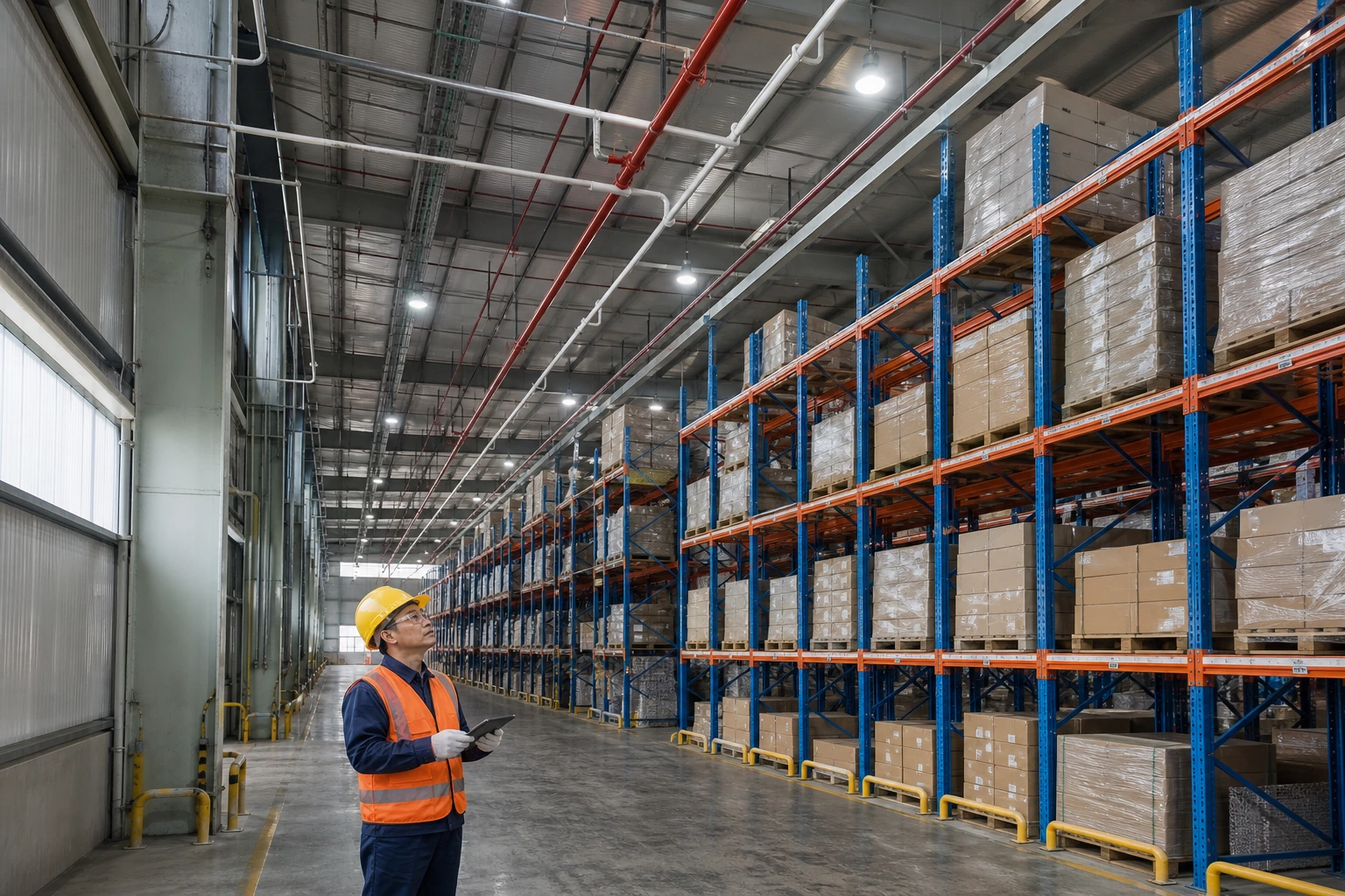 A Chinese fire-safety engineer inspects an air-sampling pipe network installed above stable pallet racks in a high-bay warehouse.