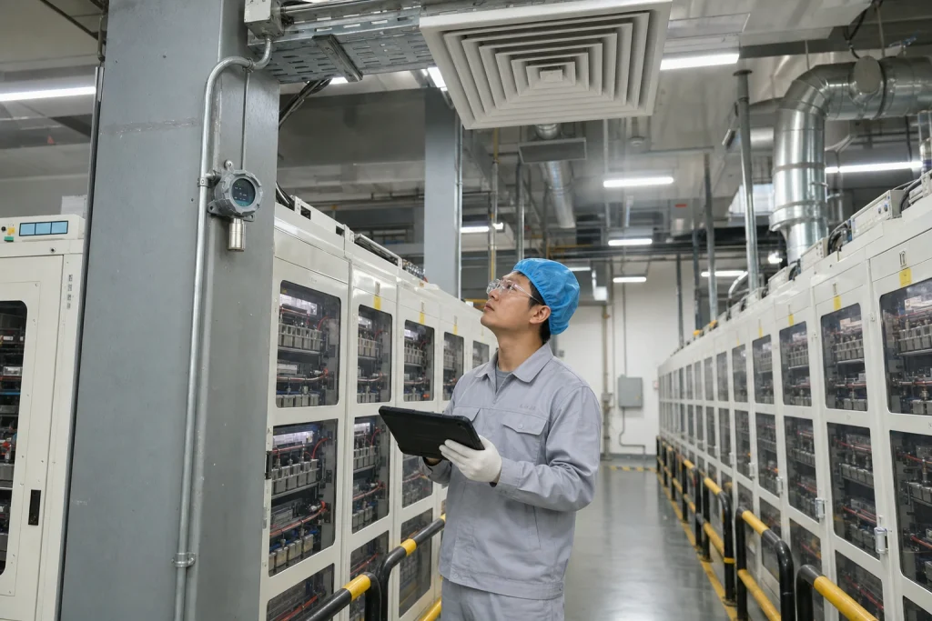 A Chinese process engineer inspects rows of closed battery formation cabinets beneath a compact fixed gas detector and ventilation system.