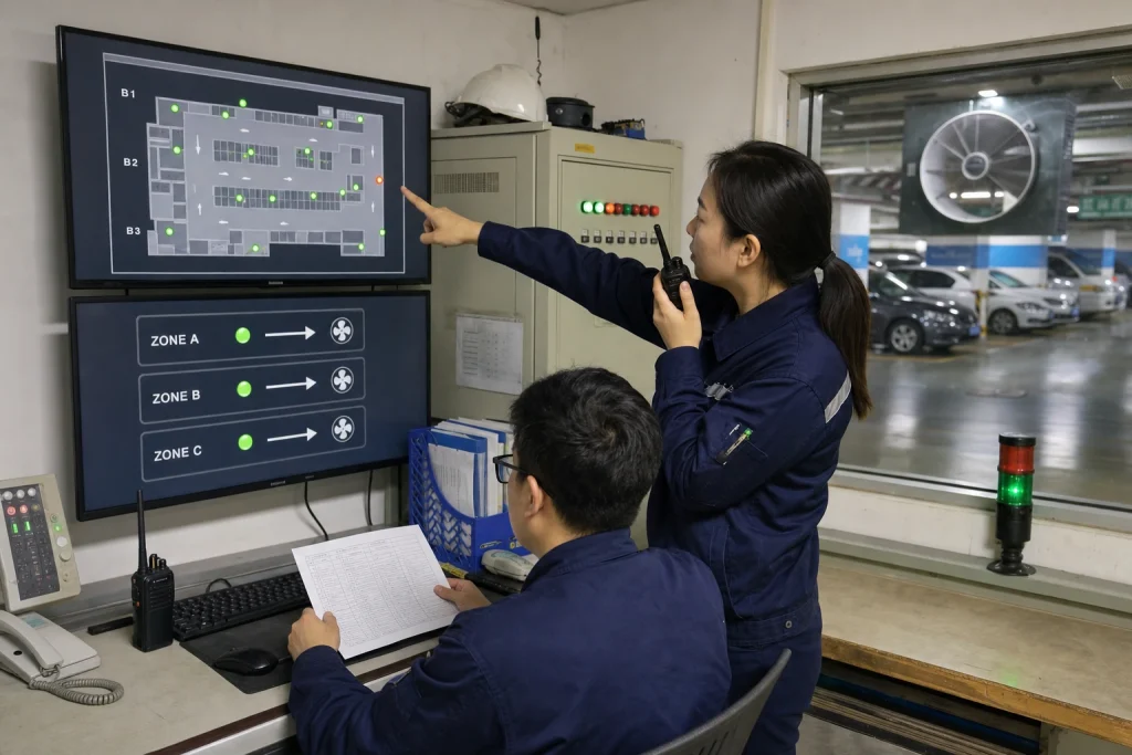Two Chinese facility engineers verify three underground car-park CO zones and their jet-fan ventilation response from a building-management control room.