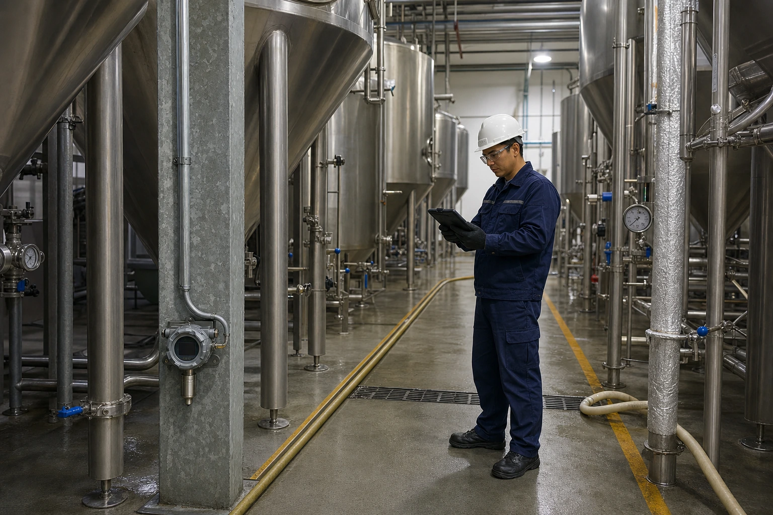 A Chinese brewery technician inspects stainless fermentation tanks beside a compact fixed detector mounted near the floor.
