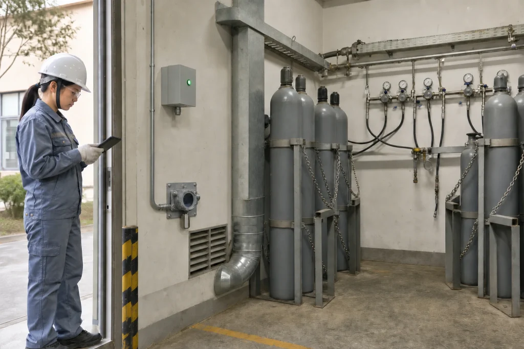 A Chinese utilities technician checks a secured carbon-dioxide cylinder manifold room with a low-mounted detector and mechanical extraction.