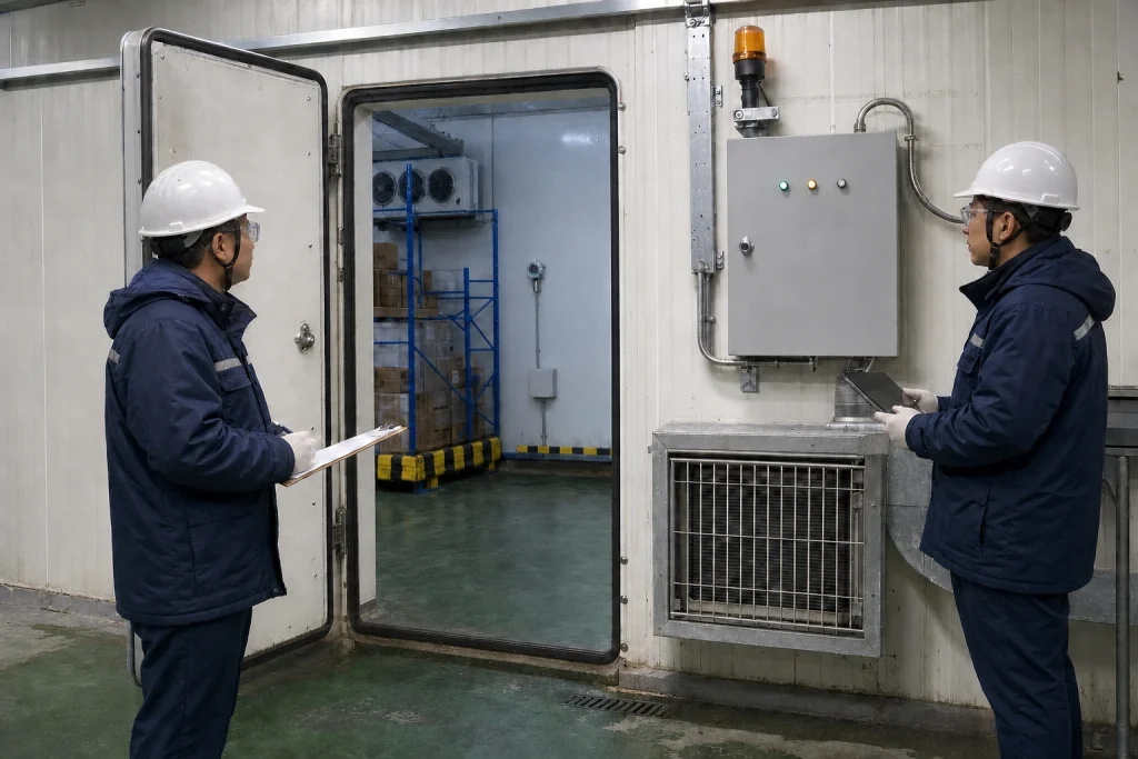 Two Chinese maintenance engineers inspect a closed alarm cabinet and ventilation grille linked to an oxygen monitor inside a cold room.