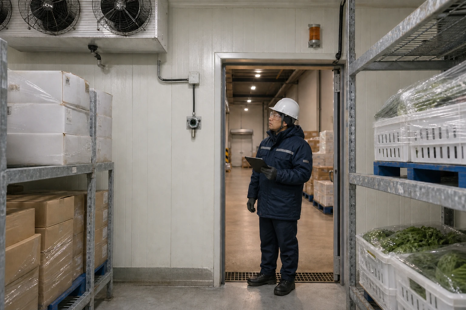 A Chinese cold-store technician checks a compact fixed oxygen monitor mounted inside an open refrigerated storage room.