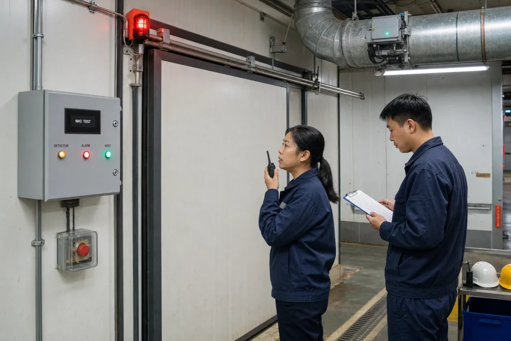 Two Chinese facility engineers verify an NH3 test alarm, entrance warning beacon and emergency ventilation status outside a closed insulated cold-room door.