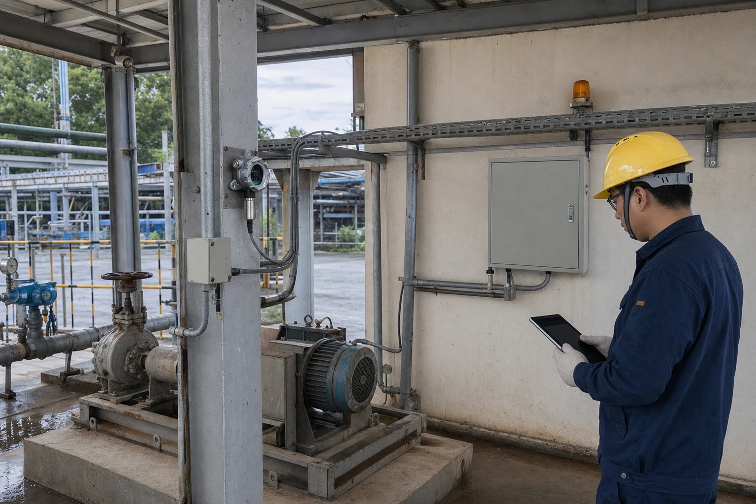 A Chinese instrument engineer checks a compact fixed gas detector connected through protected cabling to a closed control cabinet and an amber alarm beacon.