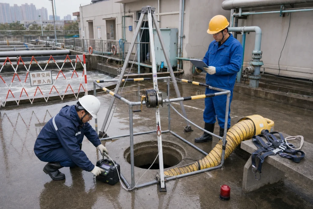 Two Chinese wastewater workers sample a guarded wet well with a pumped gas monitor while rescue tripod, retrieval line and forced ventilation are ready before entry.