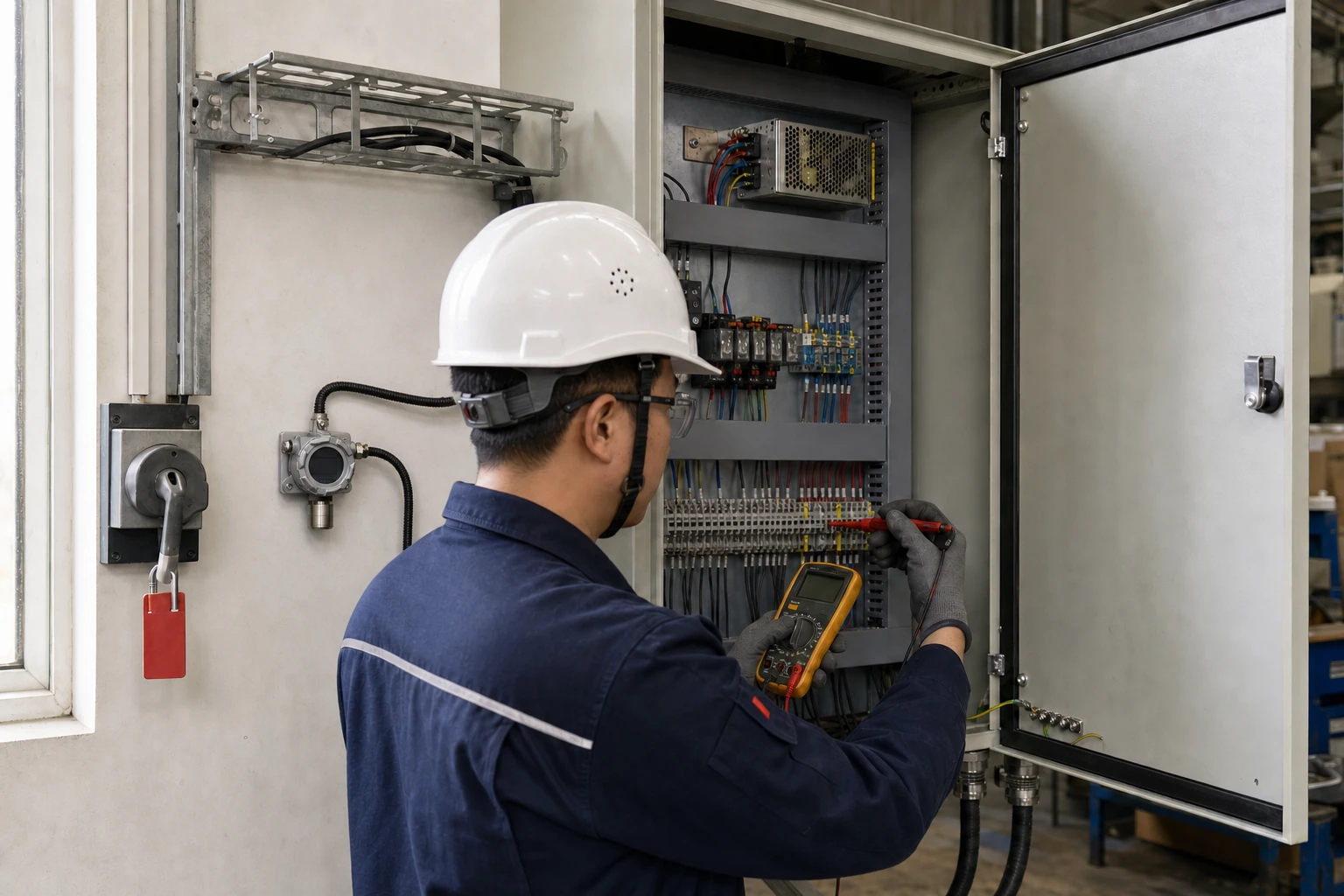 A Chinese instrument technician verifies field cable terminations inside a locked-off industrial control cabinet beside a compact gas detector.