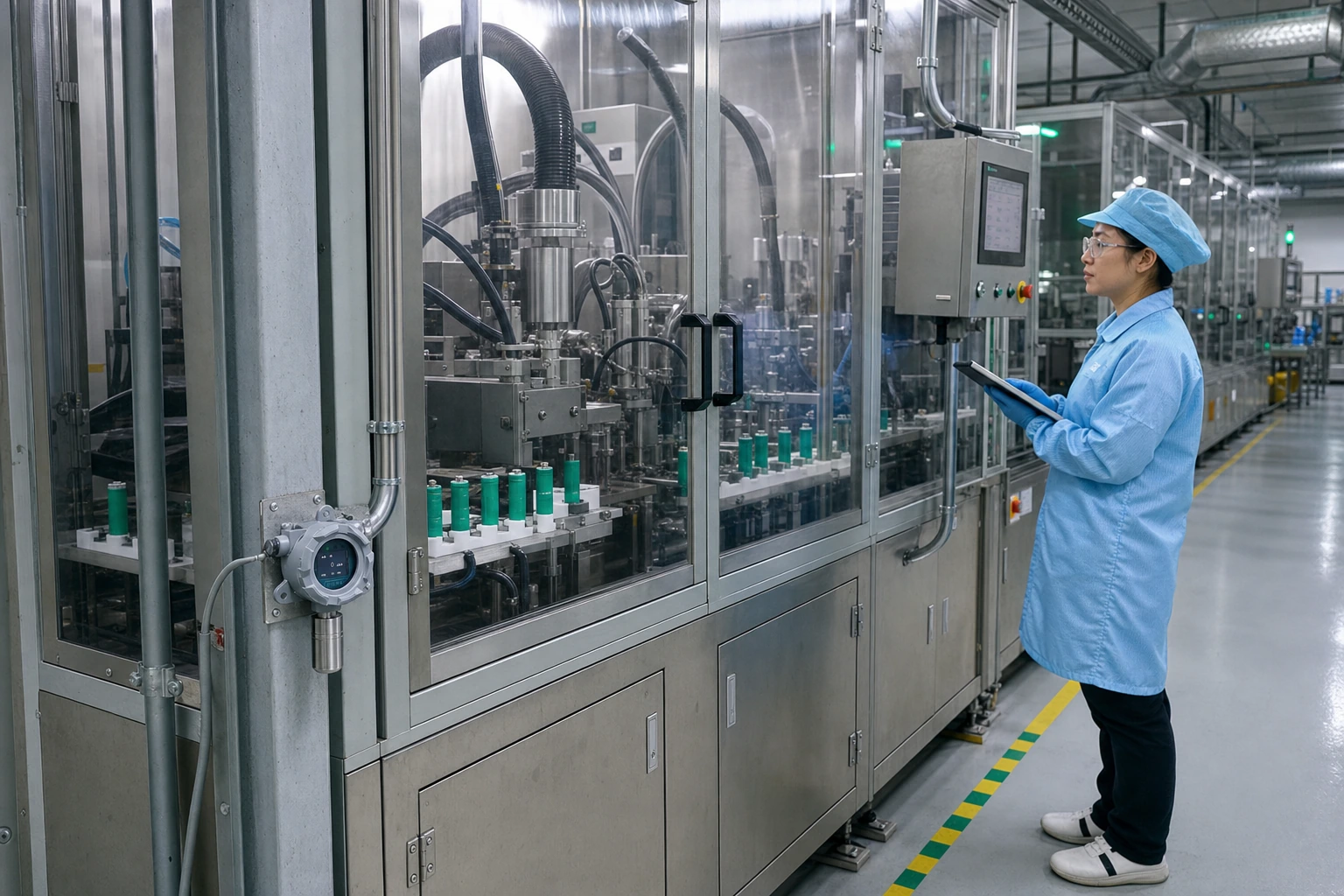 A Chinese battery process technician checks an enclosed electrolyte filling line beside a compact fixed gas detector mounted on a low steel support.
