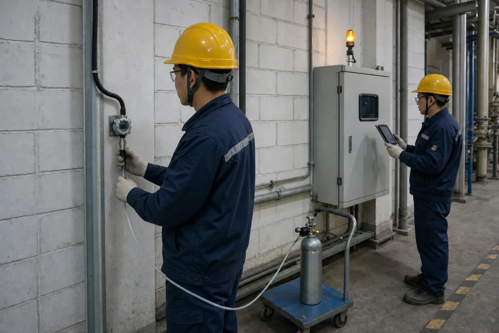 Two Chinese technicians perform a scheduled detector function test while verifying a closed controller cabinet and external amber beacon.