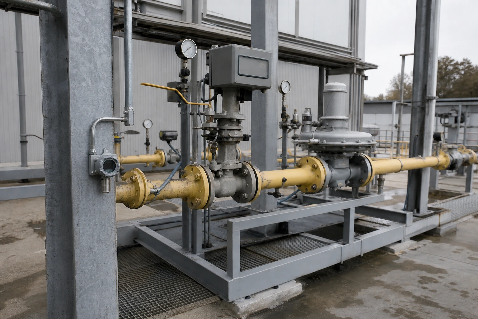 A compact fixed gas detector is mounted beside the regulator and valve train of an outdoor industrial gas utility skid.
