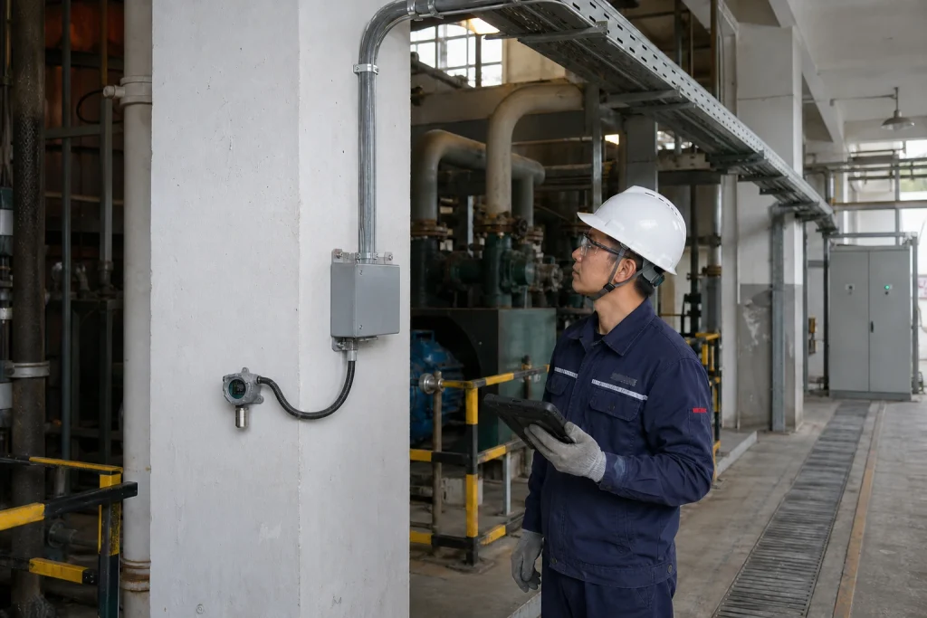 A Chinese technician inspects the supported conduit route from a small fixed gas detector through a closed junction box to an overhead cable tray.