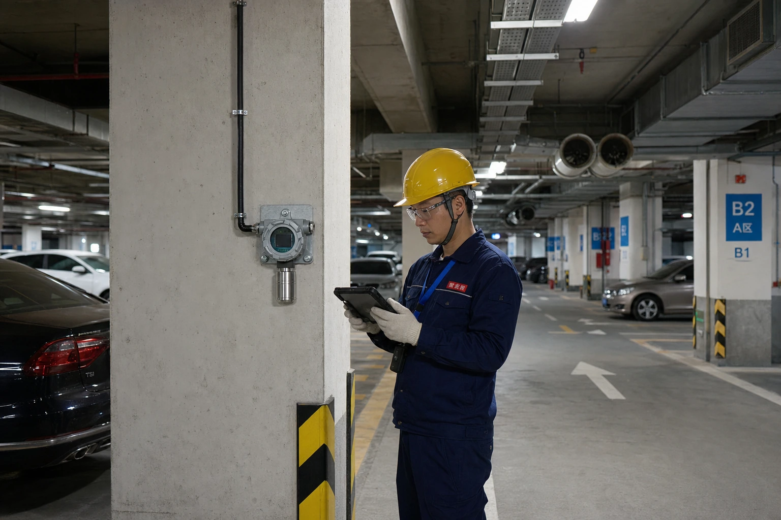 A Chinese building-services technician checks a fixed CO detector mounted at breathing-zone height on a protected column in a ventilated underground car park.