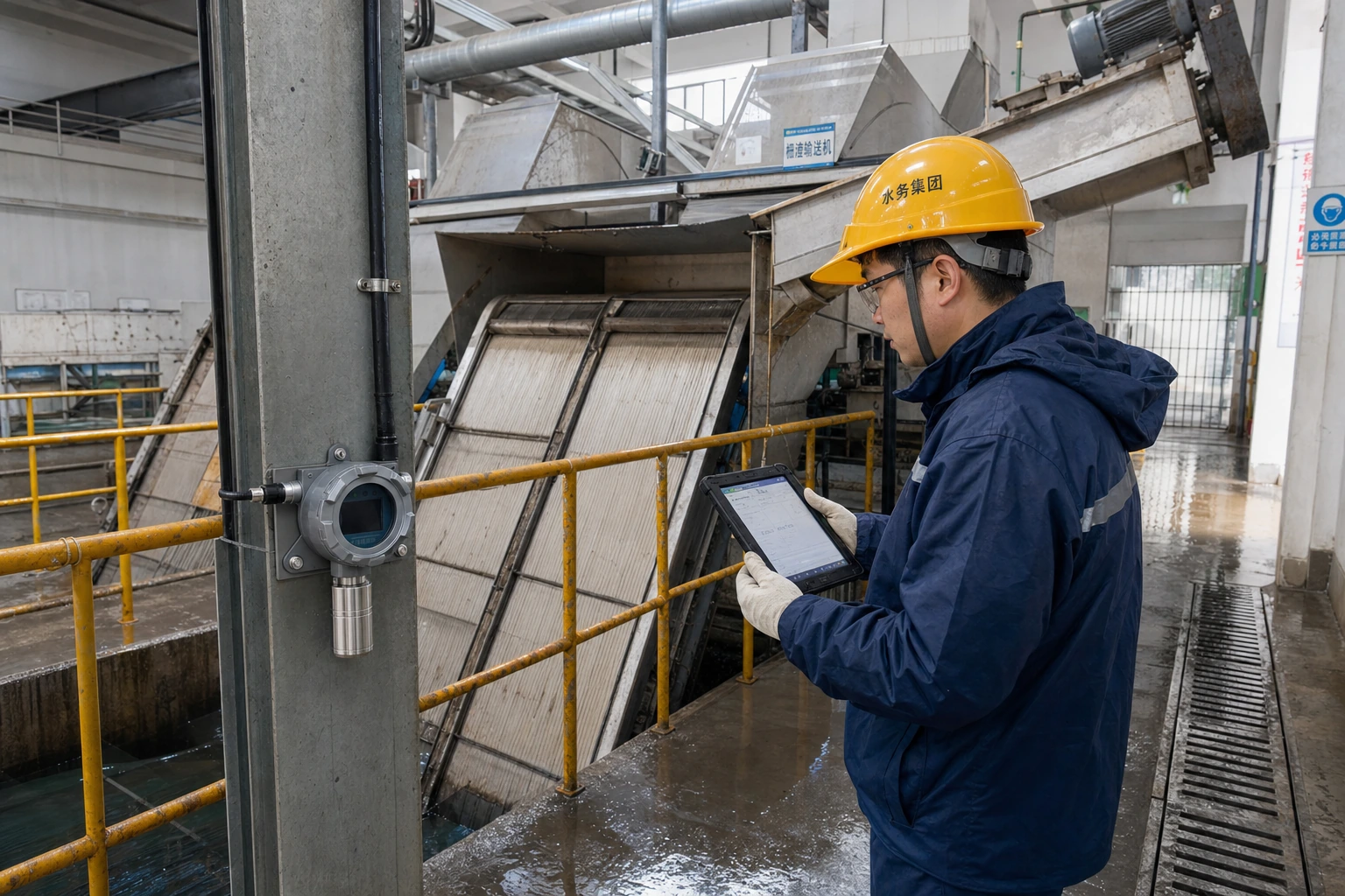 A Chinese wastewater technician inspects a low-mounted fixed H2S detector beside covered influent channels and mechanical screens in a wet, ventilated headworks building.