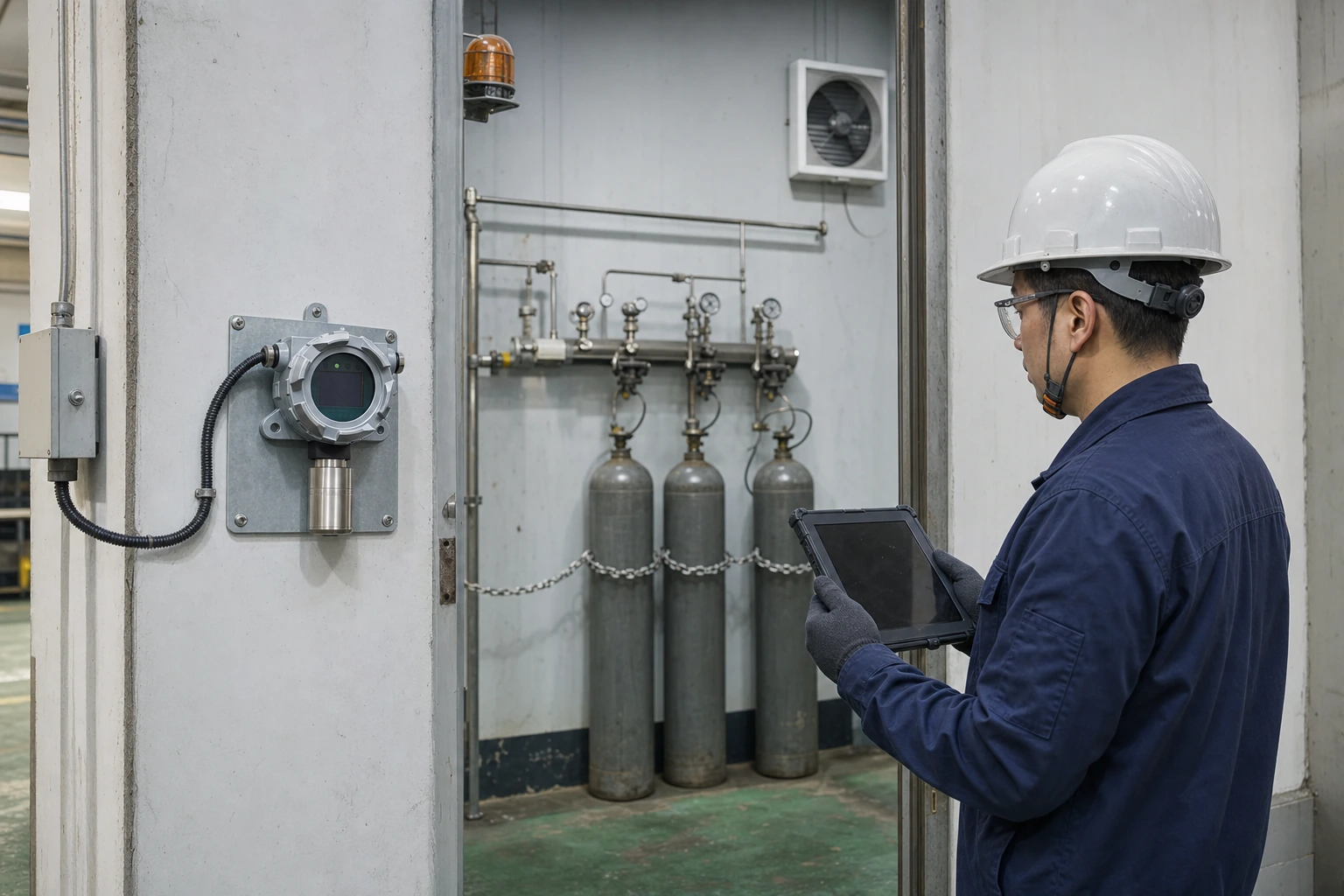 A Chinese instrument engineer checks a compact fixed oxygen monitor installed outside a ventilated nitrogen cylinder supply room.