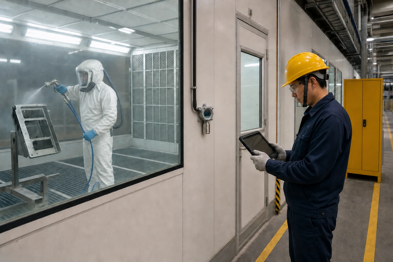 A Chinese EHS technician checks a fixed VOC detector in the clean aisle outside an operating downdraft spray booth while a protected painter works behind safety glass.