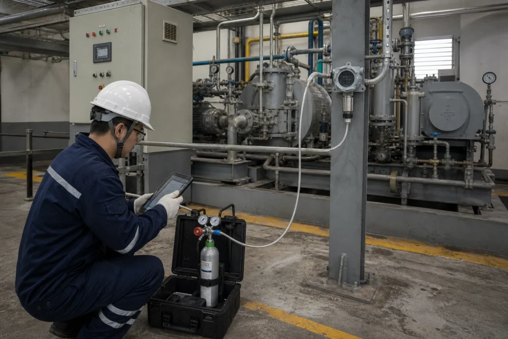 A Chinese instrument technician uses a secured calibration cylinder and test hose to check a fixed gas detector in a process utility hall.