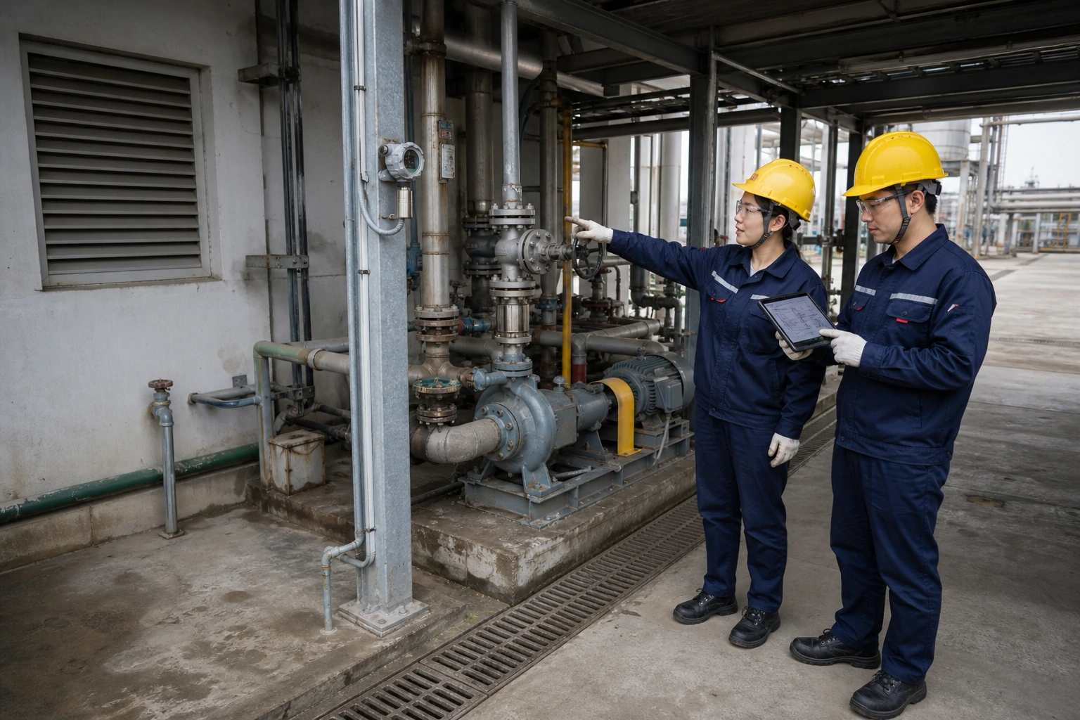Two Chinese engineers assess process piping, ventilation and a possible release point beside a compact column-mounted gas detector.