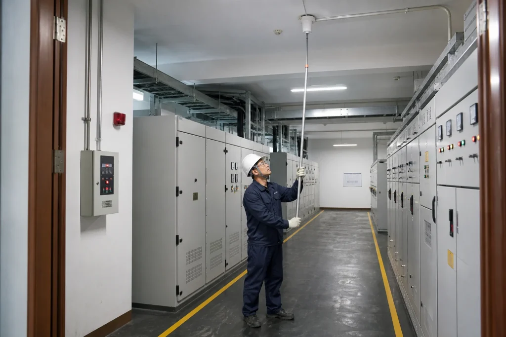 A Chinese fire-alarm technician uses a telescopic test cup on a ceiling smoke detector between rows of closed electrical switchboards.