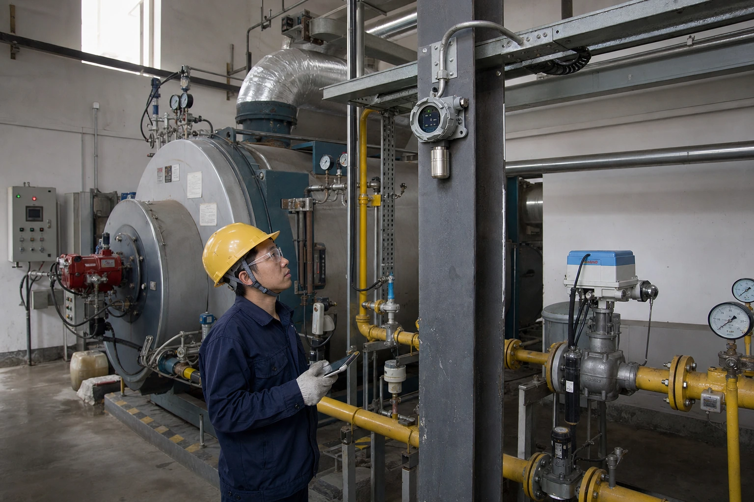 A Chinese instrument technician checks a compact fixed methane detector mounted above the natural-gas train in an industrial boiler room.